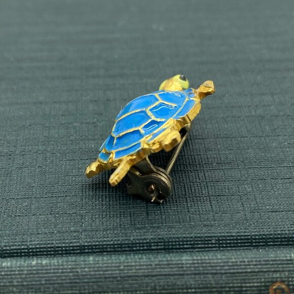 Vintage Korea Blue Turtle Scatter Pin Brooch Gold Tone Small 1 inch Tortoise - Picture 4 of 7